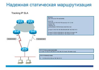 Надежная статическая маршрутизация
       Tracking IP SLA
                                                                       BR-W1#
                                                                       track 100 ip sla 100 reachability
                                                                       !
                                                                       ip sla 100
                      IP SLA      IP SLA                                icmp-echo 10.100.100.100 source-ip 10.1.2.120
                                                                        timeout 100
                                                                        frequency 10
                                                                       ip sla schedule 100 life forever start-time now
                                                                       !
                                                                       ip route 10.100.100.100 255.255.255.255 192.168.101.9
                                                                       !
                                                                       ip route 10.100.0.0 255.255.0.0 192.168.101.9 track 100
                                                                       ip route 10.100.0.0 255.255.0.0 192.168.201.9 200
                   (.9)                    (.9)


192.168.101.8/29                                  192.168.201.8/29




                          BR-W1                        BR-W1# sh ip route track-table
                                                       ip route 10.100.0.0 255.255.0.0 192.168.101.9 track 100 state is [up]


                                                        BR-W1# show ip route

                                                        S    10.100.0.0/16 [1/0] via 192.168.101.9
 