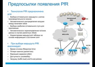Предпосылки появления PfR
• Технология PfR предназначена
для:
–  Выбора оптимального маршрута с учетом
                                                               Центральный                 MC
 производительности канала
                                                                  офис
– Автоматического распределения нагрузки
 между каналами связи                                                                BR2
– Выбора наиболее оптимального пути для                       BR1
 приложения
– Автоматического перенаправления потоков
 данных в случае различных сбоев                                               Internet
                                                          MPLS-VPN             DMVPN
– Корректировки маршрутной таблицы на
 основе информации о состоянии сети


• При выборе маршрута PfR
                                                                                           MC/BR
анализирует:
                                                  MC/BR                      MC/BR
–   Время отклика (Response time)
–   Потери пакетов (packet loss)
–   Вариацию задержки (jitter)
–   Доступность (availability)
–   Загрузку (traffic load) and $ cost policies
 