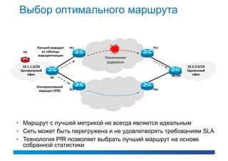 Выбор оптимального маршрута


          Лучший маршрут   PE1                PE3
  MC        из таблицы
          маршрутизации
                                 Увеличение
                                  задержки
  10.1.1.0/24                                               10.2.2.0/24
 Центральный                                                Удаленный
     офис                                           MC/BR      офис
                 BR


          Альтернативный
           маршрут (PfR)   PE2                PE4




• Маршрут с лучшей метрикой не всегда является идеальным
• Сеть может быть перегружена и не удовлетворять требованиям SLA
• Технология PfR позволяет выбрать лучший маршрут на основе
  собранной статистики
 