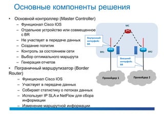 Основные компоненты решения
• Основной контроллер (Master Controller)
   – Функционал Cisco IOS                                          MC
   – Отдельное устройство или совмещенное
     с BR
                                     Внутренний
   – Не участвует в передаче данных  интерфейс
                                     BR
   – Создание политик
   – Контроль за состоянием сети               BR1                                  BR2

   – Выбор оптимального маршрута                               Внешний
   – Генерация отчетов                                         интерфейс
                                                               BR
• Пограничный маршрутизатор (Border
Router)
                                                 Провайдер 1               Провайдер 2
    – Функционал Cisco IOS
    – Участвует в передаче данных
    – Собирает статистику о потоках данных
    – Использует IP SLA и NetFlow для сбора
      информации
    – Изменение маршрутной информации
 