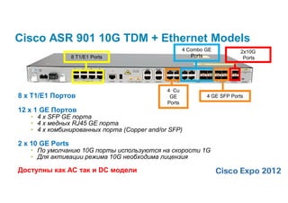 Cisco ASR 901 10G TDM + Ethernet Models
                                                     4 Combo GE           2x10G
                  8 T1/E1 Ports                         Ports              Ports




                                             4 Cu
8 x T1/E1 Портов                              GE             4 GE SFP Ports
                                             Ports
12 x 1 GE Портов
   • 4 x SFP GE порта
   • 4 x медных RJ45 GE порта
   • 4 x комбинированных порта (Copper and/or SFP)

2 x 10 GE Ports
   • По умолчанию 10G порты используются на скорости 1G
   • Для активации режима 10G необходима лицензия

Доступны как AC так и DC модели
 