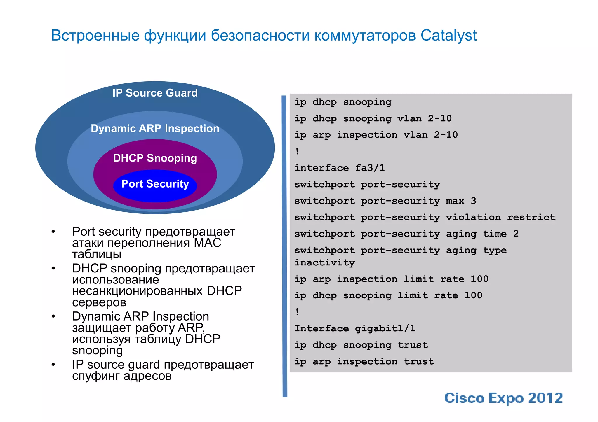 Встроенные функции безопасности коммутаторов Catalyst


          IP Source Guard
                                    ip dhcp snooping
                                    ip dhcp snooping vlan 2-10
      Dynamic ARP Inspection
                                    ip arp inspection vlan 2-10
                                    !
          DHCP Snooping
                                    interface fa3/1
           Port Security            switchport port-security
                                    switchport port-security max 3
                                    switchport port-security violation restrict
•   Port security предотвращает     switchport port-security aging time 2
    атаки переполнения MAC
    таблицы                         switchport port-security aging type
                                    inactivity
•   DHCP snooping предотвращает
    использование                   ip arp inspection limit rate 100
    несанкционированных DHCP        ip dhcp snooping limit rate 100
    серверов
                                    !
•   Dynamic ARP Inspection
    защищает работу ARP,            Interface gigabit1/1
    используя таблицу DHCP          ip dhcp snooping trust
    snooping
•   IP source guard предотвращает   ip arp inspection trust
    спуфинг адресов
 