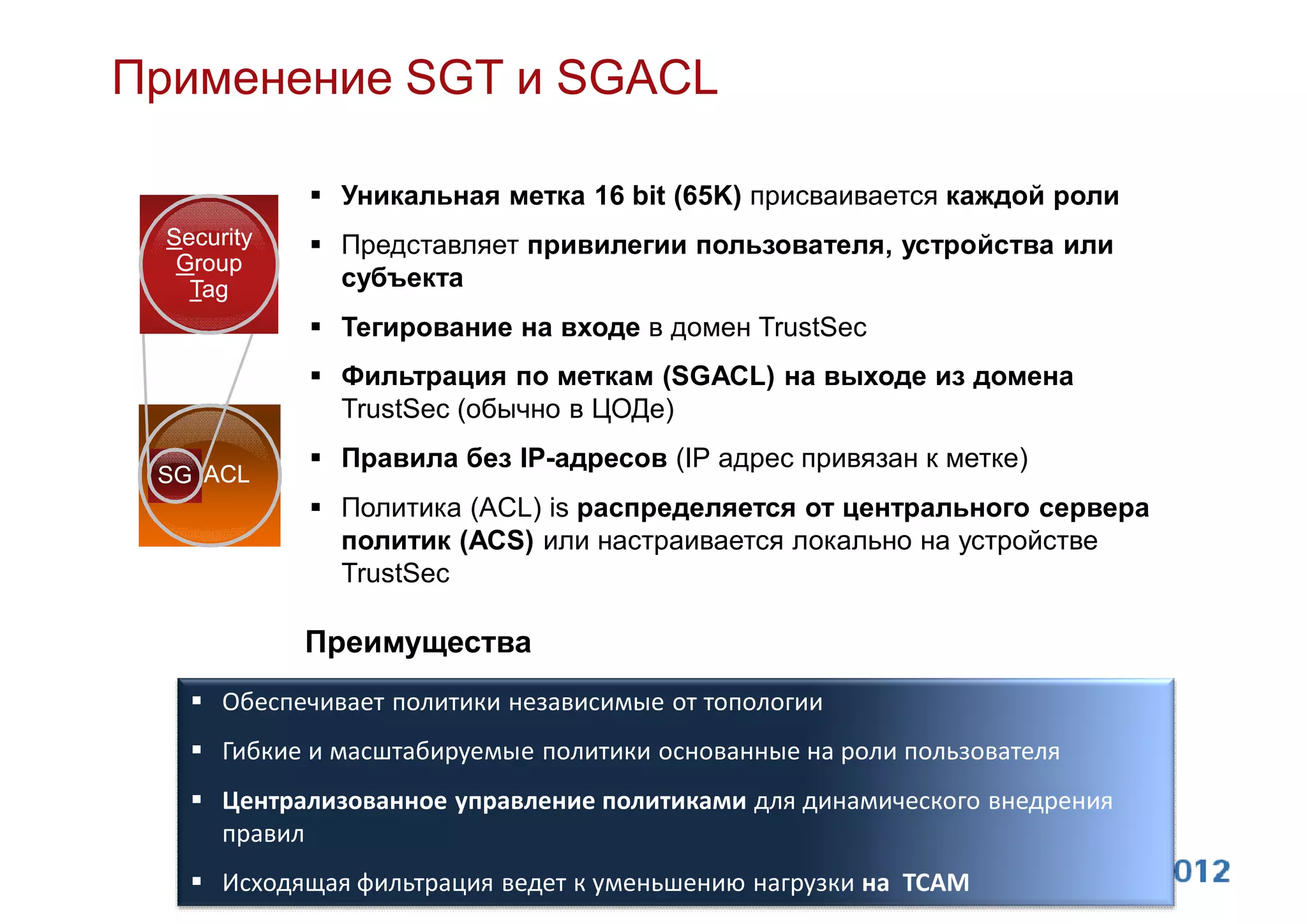 Применение SGT и SGACL

             Уникальная метка 16 bit (65K) присваивается каждой роли
 Security    Представляет привилегии пользователя, устройства или
  Group
   Tag        субъекта
             Тегирование на входе в домен TrustSec
             Фильтрация по меткам (SGACL) на выходе из домена
              TrustSec (обычно в ЦОДе)
             Правила без IP-адресов (IP адрес привязан к метке)
  SGACL
 SG
             Политика (ACL) is распределяется от центрального сервера
              политик (ACS) или настраивается локально на устройстве
              TrustSec

            Преимущества
    Обеспечивает политики независимые от топологии
    Гибкие и масштабируемые политики основанные на роли пользователя
    Централизованное управление политиками для динамического внедрения
     правил
    Исходящая фильтрация ведет к уменьшению нагрузки на TCAM
 