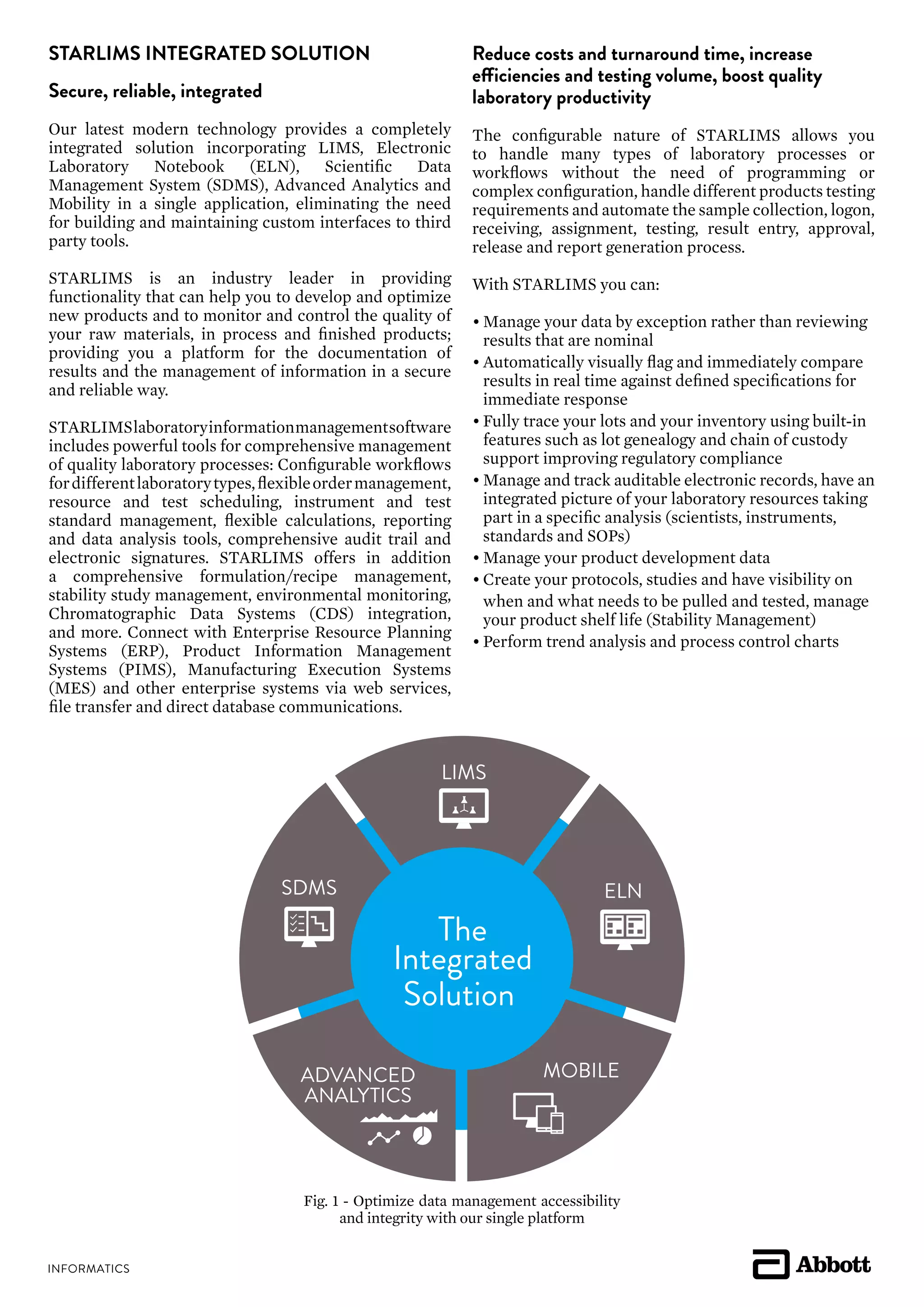 STARLIMS INTEGRATED SOLUTION
Secure, reliable, integrated
Our latest modern technology provides a completely
integrated solution incorporating LIMS, Electronic
Laboratory Notebook (ELN), Scientific Data
Management System (SDMS), Advanced Analytics and
Mobility in a single application, eliminating the need
for building and maintaining custom interfaces to third
party tools.
STARLIMS is an industry leader in providing
functionality that can help you to develop and optimize
new products and to monitor and control the quality of
your raw materials, in process and finished products;
providing you a platform for the documentation of
results and the management of information in a secure
and reliable way.
STARLIMSlaboratoryinformationmanagementsoftware
includes powerful tools for comprehensive management
of quality laboratory processes: Configurable workflows
fordifferentlaboratorytypes,flexibleordermanagement,
resource and test scheduling, instrument and test
standard management, flexible calculations, reporting
and data analysis tools, comprehensive audit trail and
electronic signatures. STARLIMS offers in addition
a comprehensive formulation/recipe management,
stability study management, environmental monitoring,
Chromatographic Data Systems (CDS) integration,
and more. Connect with Enterprise Resource Planning
Systems (ERP), Product Information Management
Systems (PIMS), Manufacturing Execution Systems
(MES) and other enterprise systems via web services,
file transfer and direct database communications.
Reduce costs and turnaround time, increase
efficiencies and testing volume, boost quality
laboratory productivity
The configurable nature of STARLIMS allows you
to handle many types of laboratory processes or
workflows without the need of programming or
complex configuration, handle different products testing
requirements and automate the sample collection, logon,
receiving, assignment, testing, result entry, approval,
release and report generation process.
With STARLIMS you can:
•	Manage your data by exception rather than reviewing
	 results that are nominal
•	Automatically visually flag and immediately compare
	 results in real time against defined specifications for
	 immediate response
•	Fully trace your lots and your inventory using built-in
	 features such as lot genealogy and chain of custody
	 support improving regulatory compliance
•	Manage and track auditable electronic records, have an
	 integrated picture of your laboratory resources taking
	 part in a specific analysis (scientists, instruments,
	 standards and SOPs)
•	Manage your product development data
•	Create your protocols, studies and have visibility on
	 when and what needs to be pulled and tested, manage
	 your product shelf life (Stability Management)
•	Perform trend analysis and process control charts
The
Integrated
Solution
LIMS
ELNSDMS
MOBILEADVANCED
ANALYTICS
Fig. 1 - Optimize data management accessibility
and integrity with our single platform
 