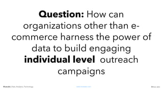 Question: How can
organizations other than e-
commerce harness the power of
data to build engaging
individual level outreach
campaigns
BlueLabs | Data, Analytics, Technology. www.bluelabs.com @blue_labs
 