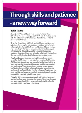 Susan’s story
Susan joined Ashcroft School with considerable learning
difficulties. She had been diagnosed with foetal alcohol syndrome,
attachment disorder and had a range of emotional, social and
behavioural difficulties.
On arrival Susan found it difficult to sit still, listen and focus her
attention. She struggled with a delayed vocabulary, which made
following instructions difficult and her IQ was well below average.
Her presenting behaviour on arrival meant she was disengaged
with a negative attitude towards her education. Susan was
stubborn, distant, resistant and refused to follow staff instructions.
She was socially inept and lacked awareness of social cues.
We placed Susan in our award winning Nurture Group where
specialist staff focussed on her social and emotional difficulties.
With intensive support, she has been given daily opportunities to
learn and practise her social skills to build positive relationships
in a small group. There are consistent boundaries and regular
staff to develop her skills in following instructions, routines and
understanding of a satisfactory level of behaviour. Play therapy has
been used to help Susan communicate her anxieties and come to
terms with a traumatic early life experience.
Following this intensive support, Susan’s self-esteem has grown
and she has flourished at school. She has confidently participated
in a wide range of activities from a music project with unfamiliar
staff to activities in the wider community.
Throughskillsandpatience
-anewwayforward
16
 
