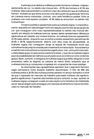 A principio ja se destaca a diferença entre homens e mulheres indepen-
dentemente da cor no estrato não manual alto - 499% dos homens e 423% das
mulheres Estes indices tendem a confirmar o tipo de carreira em que as mulheres se
formam Acredita-se que tenha ocorrido uma diminuição da guetização feminina
em carreiras menos valorizadas contudo uma certa tendência persiste Entre as
mulheres com nivel superior completo 494% delas se encontram no estrato não
manual baixo
O mesmo padrão e apresentado para as mulheres negras Comparativa
mente elas estão em desvantagem tanto em relação aos homens de seu grupo de
cor que conseguem uma maior representatividade no estrato não manual alto
quanto em relação as mulheres brancas apesar destas apresentarem diferenças
significativas em relação aos homens brancos As mulheres brancas representam
434% nesse estrato enquanto que as pretas e pardas apresentam percentuais de
205% e 389% respectivamente Mesmo com altos niveis de escolaridade as
mulheres negras não conseguem atingir as etapas de mobilidade social que
normalmente são proporcionadas pelo investimento em educação A sua presença
no estrato não manual baixo e importante e significativa mas como ja foi colocado
o stotus desse grupo ocupacional e bastante limitado o que da as mulheres negras
poucas possibilidades de melhorar sua situação socio-econômica como os demais
grupos Resta portanto investigar se as mulheres negras que estão atingindo o nivel
universitano estão se dirigindo as carreiras de menor status enquanto que as
mulheres brancas ja começaram a ingressar em ocupações de maior prestigio
As informações aqui apresentadas assinalam que o segmento feminino
negro permanece numa situação bastante desvantajosa O fato de 48% das
mulheres pretas e 305% das mulheres pardas estarem no serviço domestico e sinal
de que a expansão do mercado de trabalho para essas mulheres não significou
ganhos significativos E quando esta barreira social e rompida ou seja quando as
mulheres negras conseguem investir em educação numa tentativa de mobilidade
social elas se dirigem para empregos com menores rendimentos e menos reconhe-
cidos no mercado de trabalho
ESTUDOS FEMINISTAS 495 N 2/95
 