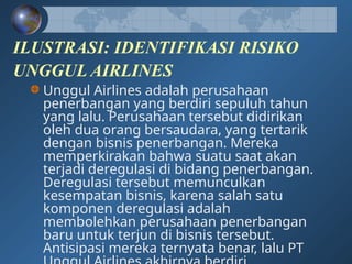 ILUSTRASI: IDENTIFIKASI RISIKO
UNGGUL AIRLINES
Unggul Airlines adalah perusahaan
penerbangan yang berdiri sepuluh tahun
yang lalu. Perusahaan tersebut didirikan
oleh dua orang bersaudara, yang tertarik
dengan bisnis penerbangan. Mereka
memperkirakan bahwa suatu saat akan
terjadi deregulasi di bidang penerbangan.
Deregulasi tersebut memunculkan
kesempatan bisnis, karena salah satu
komponen deregulasi adalah
membolehkan perusahaan penerbangan
baru untuk terjun di bisnis tersebut.
Antisipasi mereka ternyata benar, lalu PT
 