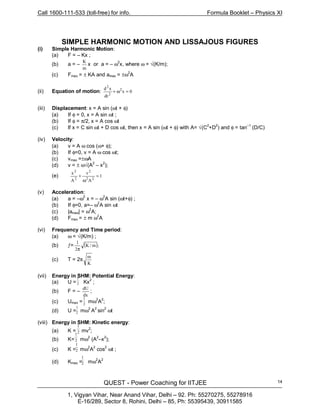 Call 1600-111-533 (toll-free) for info. Formula Booklet – Physics XI
QUEST - Power Coaching for IITJEE
1, Vigyan Vihar, Near Anand Vihar, Delhi – 92. Ph: 55270275, 55278916
E-16/289, Sector 8, Rohini, Delhi – 85, Ph: 55395439, 30911585
14
SIMPLE HARMONIC MOTION AND LISSAJOUS FIGURES
(i) Simple Harmonic Motion:
(a) F = – Kx ;
(b) a = –
m
K
x or a = – ω2
x, where ω = √(K/m);
(c) Fmax = ± KA and amax = ±ω
2
A
(ii) Equation of motion: 0x
dt
xd
2
2
=ω+ 2
(iii) Displacement: x = A sin (ωt + φ)
(a) If φ = 0, x = A sin ωt ;
(b) If φ = π/2, x = A cos ωt
(c) If x = C sin ωt + D cos ωt, then x = A sin (ωt + φ) with A= √(C
2
+D2
) and φ = tan–1
(D/C)
(iv) Velocity:
(a) v = A ω cos (ω+ φ);
(b) If φ=0, v = A ω cos ωt;
(c) vmax =±ωA
(d) v = ± ω√(A
2
– x
2
);
(e) 1
A
v
A
x
22
2
2
2
=
ω
+
(v) Acceleration:
(a) a = –ω2
x = – ω
2
A sin (ωt+φ) ;
(b) If φ=0, a=– ω
2
A sin ωt
(c) |amax| = ω
2
A;
(d) Fmax = ± m ω
2
A
(vi) Frequency and Time period:
(a) ω = √(K/m) ;
(b) ƒ= ( );m/K
2
1
π
(c) T = 2π
K
m
(vii) Energy in SHM: Potential Energy:
(a) U = Kx2
;
(b) F = –
dx
dU
;
(c) Umax = mω
2
A
2
;
(d) U = mω
2
A
2
sin
2
ωt
(viii) Energy in SHM: Kinetic energy:
(a) K = mv2
;
(b) K= mω2
(A
2
–x
2
);
(c) K = mω
2
A2
cos2
ωt ;
(d) Kmax = mω2
A2
2
1
2
1
2
1
2
1
2
1
2
1
2
1
 