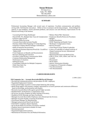 Susan Brinson
50 Clara Cove
Eads, TN 38028
901-482-8929
Sbrinsonhome@ yahoo.com
SUMMARY
Professional Accounting Manager with several years of experience. Excellent communication and problem-
solving skills. Self-directed, team player. Ability to focus on projects and develop strategies. Acknowledged for
capacity to meet deadlines, resolve persistent problems, and conceive cost and efficiency improvements for the
financial well-being of the business.
• Accounting/Full Charge Bookkeeper • Balance Sheets/P&L Statements
• Payroll/940, 941, Multiple State Taxes & Unemployment
• General Ledger/GAAP
• Purchase Orders/Invoicing
• Accounts Receivable/Accounts Payable
• Purchase Orders/401K Reporting/ E-Verify Reporting
• Negotiate Company Benefit Packages with Brokers
• Employees Benefits/Policies & Procedures
• Budgets
• Problem Resolution
• EEOC Reporting and Handle Claims
• Workman’s Compensation Claims
• Recruit Personnel
• Bank & Statement Reconciliation • Team Player/Critical Thinker/Leadership
• Quickbooks/Peachtree/Spectrum/Word/Adv. Excel(Pivot
Tables)/ADP
• Train Employees on Benefits and Documentation
• Resource Planning and Utilization
• Excellent Verbal/Written Communication Skills
• Customer Relationship Management
• Performance Evaluations
• Billing/Invoicing
• Consolidate Financials for Multiple Companies.
• Multi State Sales Tax
• Insurance Claims
• Letters of Credit/Bill of Lading/Certificate of
Origin/Commercial Invoice, International
Documentation
• Maintained Personnel and Medical Files
• FMLA, FLSA, ADA, ADEA, and Title VII.
• Accubid
• Procurement
• Work Orders
• Interest Amortization Schedule
• Comparison of Financials to Budgets
• Visa Documentation
• AIA Documentation
CAREER HIGHLIGHTS
1/1999-1/2013
ESI Companies, Inc. – Accounts Receivable/HR/Payroll Manager
• Develop and communicate policies and procedures for 600+ employees
• Negotiated Employment Contracts.
• Check general ledger accounts to ensure proper balancing after posting.
• Build strong rapport with insurance company representatives to resolve premium and commission differences
based on knowledge, professionalism and integrity.
• Reconcile Accounts Receivable against general ledger accounts.
• Handled EEOC and Workman’s Compensation issues.
• Set up new Inventory Program for better tracking of Inventory.
• Handled all 401K Meetings and Open Enrollments.
• Managed Accounts Receivables Employees and collected past due Invoices.
• Managed Accounts Payable overseeing all purchases.
• Procurement Manager for Manufacturing.
• Managed and processed Payroll and all taxes.
• Filed EEOC Compliance Report Quarterly.
• Set up Work Orders for all items to be built to standard.
• Prepared interest amortization schedule for loans.
• Recruited personnel.
• Negotiated Employment Contracts.
• Maintained all Personnel Files and Medical Information.
 