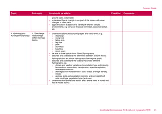 Learner Guide
Topic Sub-topic You should be able to Checklist Comments
ground water, water table)
understand how a change in one part of the system will cause
changes in other parts
apply the above to basins in a variety of different climatic
environments, e.g. very wet (tropical rainforest), seasonal rainfall,
etc.
1. Hydrology and
fluvial geomorphology
1.2 Discharge
relationships
within drainage
basins
understand storm (flood) hydrographs and basic terms, e.g.
o discharge
o rising limb
o falling limb
o lag time
o peak
o stormflow
o baseflow
o storm event
be able to draw typical storm (flood) hydrographs
describe and understand the difference between a storm (flood)
hydrograph and an annual hydrograph (river regime graph)
describe and understand the factors that create different
hydrographs, e.g.
o climate and weather variations (precipitation type and intensity,
temperature, evaporation, transpiration, evapotranspiration,
antecedent moisture)
o drainage basin characteristics (size, shape, drainage density,
slope)
o geology, soils and vegetation (porosity and permeability of
soils, rock type, vegetation type, land-use).
understand how the factors above affect where water is stored and
how it moves (flows)
Cambridge International AS & A Level Geography 9696 21
 