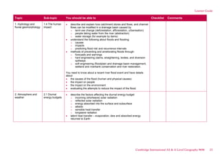 Learner Guide
Topic Sub-topic You should be able to Checklist Comments
1. Hydrology and
fluvial geomorphology
1.4 The human
impact
describe and explain how catchment stores and flows, and channel
flows can be modified in a drainage basin caused by
o land-use change (deforestation, afforestation, urbanisation)
o people taking water from the river (abstraction)
o water storage (for example by dams)
understand the following about floods and flooding:
o causes
o impacts
o predicting flood risk and recurrence intervals
methods of preventing and ameliorating floods through:
o forecasts and warnings
o hard engineering (dams, straightening, levées, and diversion
spillways
o soft engineering (floodplain and drainage basin management,
wetland and riverbank conservation and river restoration.
You need to know about a recent river flood event and have details
about
the causes of the flood (human and physical causes)
the impact on people
the impact on the environment
evaluating the attempts to reduce the impact of the flood.
2. Atmosphere and
weather
2.1 Diurnal
energy budgets
describe the factors affecting the diurnal energy budget
o incoming (shortwave) solar radiation
o reflected solar radiation
o energy absorbed into the surface and subsurface
o albedo
o sensible heat transfer
o longwave radiation
latent heat transfer – evaporation, dew and absorbed energy
returned to Earth
Cambridge International AS & A Level Geography 9696 23
 