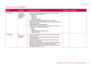 Learner Guide
Paper 2 Core Human Geography
Topic Sub-topic You should be able to Checklist Comments
4. Population 4.1 Natural
increase as a
component of
population
change
describe and understand how population increases naturally
(without migration) in relation to:
o birth rate
o death rate
o fertility rate
o infant mortality rate
describe and understand the factors (social, economic,
environmental and political) affecting levels of births and deaths,
fertility and mortality
interpret age/sex structure diagrams
understand how a population group is made up i.e. its structure,
and know some of the component parts:
o age
o gender
o dependency and dependency ratio
o dependency ratio
4. Population 4.2
Demographic
transition
know and understand how and why birth rates and death rates
change over time
draw, interpret and explain the demographic transition model
through stages 1–5
be critical in describing and understanding the model’s uses,
limitations and extensions
know and understand issues of youthful and ageing populations
describe and understand links between population and
development as shown through changes in infant mortality rate
and life expectancy over time.
Cambridge International AS & A Level Geography 9696 27
 
