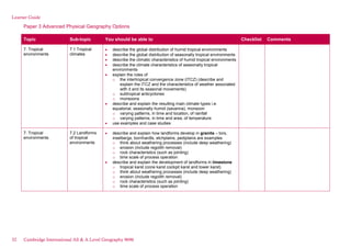 Learner Guide
Paper 3 Advanced Physical Geography Options
Topic Sub-topic You should be able to Checklist Comments
7. Tropical
environments
7.1 Tropical
climates
describe the global distribution of humid tropical environments
describe the global distribution of seasonally tropical environments
describe the climatic characteristics of humid tropical environments
describe the climate characteristics of seasonally tropical
environments
explain the roles of
o the intertropical convergence zone (ITCZ) (describe and
explain the ITCZ and the characteristics of weather associated
with it and its seasonal movements)
o subtropical anticyclones
o monsoons
describe and explain the resulting main climate types i.e.
equatorial, seasonally humid (savanna), monsoon
o varying patterns, in time and location, of rainfall
o varying patterns, in time and area, of temperature
use examples and case studies
7. Tropical
environments
7.2 Landforms
of tropical
environments
describe and explain how landforms develop in granite – tors,
inselbergs, bornhardts, etchplains, pediplains are examples
o think about weathering processes (include deep weathering)
o erosion (include regolith removal)
o rock characteristics (such as jointing)
o time scale of process operation
describe and explain the development of landforms in limestone
o tropical karst (cone karst cockpit karst and tower karst)
o think about weathering processes (include deep weathering)
o erosion (include regolith removal)
o rock characteristics (such as jointing)
o time scale of process operation
32 Cambridge International AS & A Level Geography 9696
 