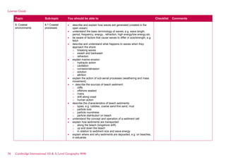 Learner Guide
Topic Sub-topic You should be able to Checklist Comments
8. Coastal
environments
8.1 Coastal
processes
describe and explain how waves are generated (created in the
open ocean)
understand the basic terminology of waves, e.g. wave length,
period, frequency, energy , refraction, high energy/low energy etc.
be aware of factors that cause waves to differ in size/strength, e.g.
fetch
describe and understand what happens to waves when they
approach the shore:
o breaking waves
o swash and backwash
o refraction
explain marine erosion:
o hydraulic action
o cavitation
o corrasion/abrasion
o solution
o attrition
explain the action of sub-aerial processes (weathering and mass
movement)
• describe the sources of beach sediment:
o cliffs
o offshore seabed
o rivers
o drift along coast
o human action
describe the characteristics of beach sediments:
o types, e.g. cobbles, coarse sand fine sand, mud
o particle size
o particle roundness
o particle distribution on beach
understand the concept and operation of a sediment cell
explain how sediments are transported:
o along the beach (longshore drift)
o up and down the beach
o in relation to sediment size and wave energy
explain where and why sediments are deposited, e.g. on beaches,
in estuaries
34 Cambridge International AS & A Level Geography 9696
 