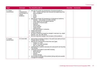 Learner Guide
Topic Sub-topic You should be able to Checklist Comments
8. Coastal
environments
8.2
Characteristics
and formation of
coastal
landforms
describe and explain the development of erosional landforms:
o cliffs – retreat of cliff face over time and the lengthening of the
wave-cut platform
o caves
o arches
o stacks
describe and explain the development of depositional landforms
o beaches – cross section (in profile) and plan
o swash aligned and drift aligned beaches
o simple and compound spits
o tombolos
o offshore bars
o barrier beaches
o coastal dunes
o tidal sedimentation in estuaries
coastal saltmarshes
coastal mangroves
be aware of landforms caused by changes in sea level, e.g. raised
beaches, rias, relic cliffs, fjords
the role of sea level change in the formation of the landforms
8. Coastal
environments
8.3 Coral reefs demonstrate knowledge of where in the world coral reefs are found
(fringing, barrier and atoll)
describe the characteristics of the three main types:
o fringing, e.g. Tahiti
o barrier, e.g. Great Australian
o atoll, e.g. Bikini Atoll
understand the conditions necessary for coral growth and how they
may develop
understand the threats to coral reefs including:
o global warming
o sea level rise
o pollution
o physical damage
demonstrate knowledge of the problems facing reefs and possible
management strategies
Cambridge International AS & A Level Geography 9696 35
 