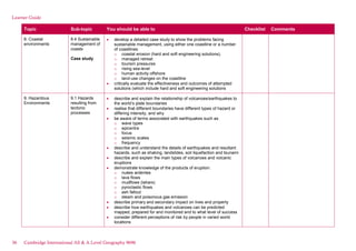 Learner Guide
Topic Sub-topic You should be able to Checklist Comments
8. Coastal
environments
8.4 Sustainable
management of
coasts
Case study
develop a detailed case study to show the problems facing
sustainable management, using either one coastline or a number
of coastlines:
o coastal erosion (hard and soft engineering solutions),
o managed retreat
o tourism pressures
o rising sea-level
o human activity offshore
o land-use changes on the coastline
critically evaluate the effectiveness and outcomes of attempted
solutions (which include hard and soft engineering solutions
9. Hazardous
Environments
9.1 Hazards
resulting from
tectonic
processes
describe and explain the relationship of volcanoes/earthquakes to
the world’s plate boundaries
realise that different boundaries have different types of hazard or
differing intensity, and why
be aware of terms associated with earthquakes such as
o wave types
o epicentre
o focus
o seismic scales
o frequency
describe and understand the details of earthquakes and resultant
hazards, such as shaking, landslides, soil liquefaction and tsunami
describe and explain the main types of volcanoes and volcanic
eruptions
demonstrate knowledge of the products of eruption:
o nuées ardentes
o lava flows
o mudflows (lahars)
o pyroclastic flows
o ash fallout
o steam and poisonous gas emission
describe primary and secondary impact on lives and property
describe how earthquakes and volcanoes can be predicted
mapped, prepared for and monitored and to what level of success
consider different perceptions of risk by people in varied world
locations
36 Cambridge International AS & A Level Geography 9696
 