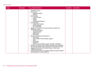 Learner Guide
Topic Sub-topic You should be able to Checklist Comments
deposition by wind:
wind erosion
o abrasion/corrasion
o deflation
wind transport
o critical velocities
o traction
o saltation
o suspension/sandstorms
wind deposition
o reduced wind velocity
o behind obstacles
o lee of hills/ridges
explain the occurrence and action (erosion, transport and
deposition) of water
o hydrological regime
o episodic rainfall
o sheet floods
o flash floods
describe and explain the formation of:
o sand dunes
o wind sculptured rocks (yarding, zeugen)
o wadis
o alluvial fans
o pediments
o pediment zone (bahadas, playas, salt lakes, inselbergs)
describe and explain role of Aeolian processes (wind processes)
and fluvial processes (water processes) in the present and past
Suggest evidence for past climate change in these areas
(Pleistocene pluvials)
critically examine the role of present climates and past climates in
the development of these landforms
40 Cambridge International AS & A Level Geography 9696
 