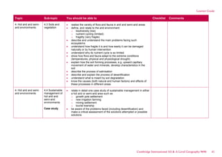 Learner Guide
Topic Sub-topic You should be able to Checklist Comments
4. Hot arid and semi-
arid environments
4.3 Soils and
vegetation
realise the variety of flora and fauna in arid and semi-arid areas
define, and relate to the arid environment:
o biodiversity (low)
o nutrient cycling (limited)
o fragility (very fragile)
describe and understand the main problems facing such
ecosystems
understand how fragile it is and how easily it can be damaged
naturally or by human intervention
understand why its nutrient cycle is so limited
show how flora and fauna adapt to the extreme conditions
(temperatures, physical and physiological drought)
explain how the soil forming processes, e.g. upward capillary
movement of water and minerals, develop characteristics in the
soil
describe the process of salinisation
describe and explain the process of desertification
understand what is meant by soil degradation
know the causes (both natural and human factors) and effects of
these processes in different areas
4. Hot arid and semi-
arid environments
4.4 Sustainable
management of
hot arid and
semi-arid
environments
Case study
relate in detail one case study of sustainable management in either
a hot arid or semi-arid area such as
o growth pole settlement
o new irrigation farming
o mining settlement
o tourist township
be aware of the problems faced (including desertification) and
make a critical assessment of the solutions attempted or possible
solutions
Cambridge International AS & A Level Geography 9696 41
 