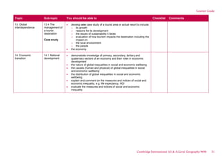 Learner Guide
Topic Sub-topic You should be able to Checklist Comments
13. Global
interdependence
13.4 The
management of
a tourist
destination
Case study
develop one case study of a tourist area or actual resort to include:
o its growth
o reasons for its development
o the issues of sustainability it faces
o evaluation of how tourism impacts the destination including the
impact on:
o the local environment
o the people
the economy
14. Economic
transition
14.1 National
development
demonstrate knowledge of primary, secondary, tertiary and
quaternary sectors of an economy and their roles in economic
development
the nature of global inequalities in social and economic wellbeing
the causes (human and physical) of global inequalities in social
and economic wellbeing
the distribution of global inequalities in social and economic
wellbeing
explain and comment on the measures and indices of social and
economic inequality, e.g. life expectancy, HDI
evaluate the measures and indices of social and economic
inequality
Cambridge International AS & A Level Geography 9696 51
 