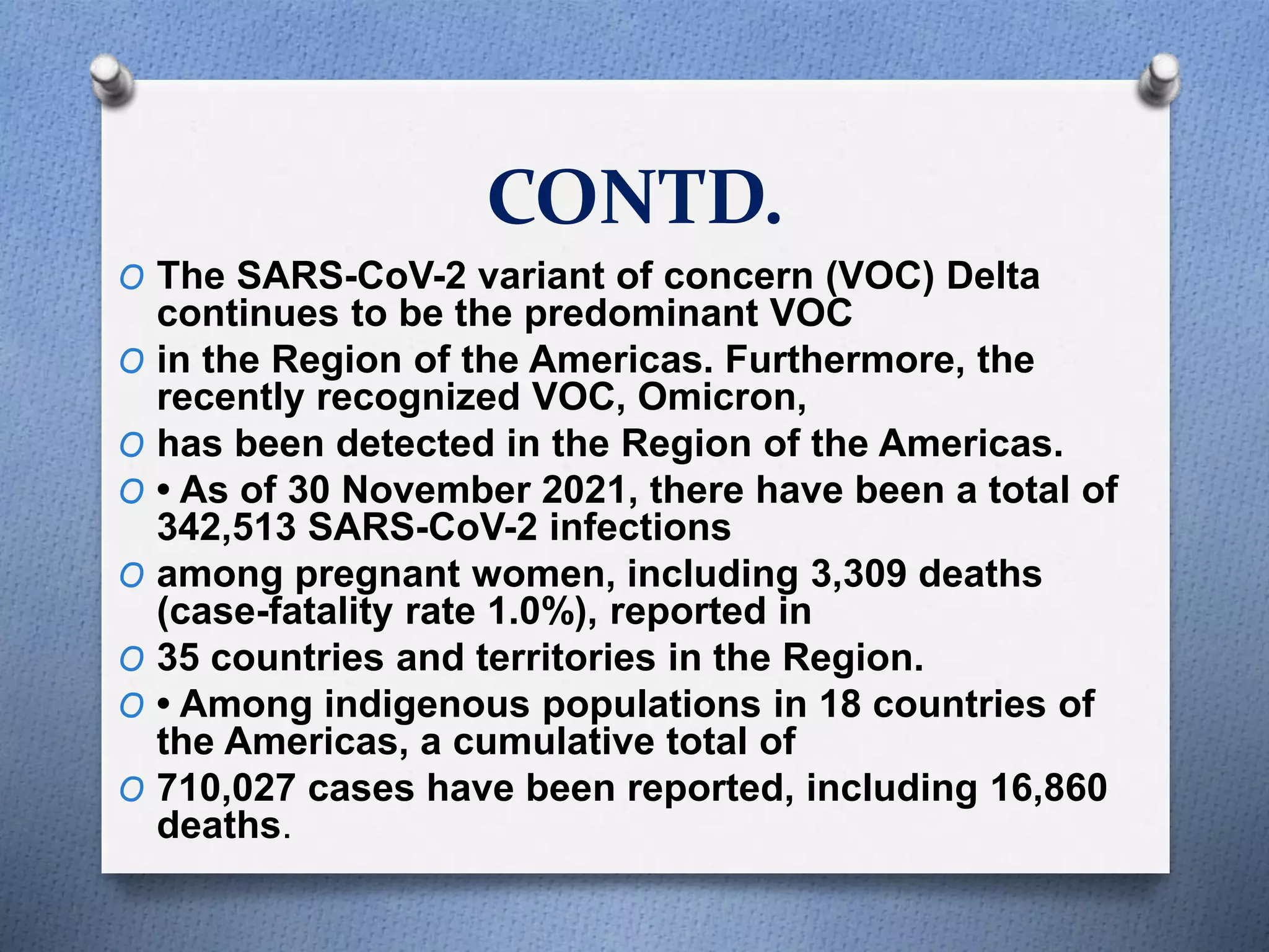 CONTD.
O The SARS-CoV-2 variant of concern (VOC) Delta
continues to be the predominant VOC
O in the Region of the Americas. Furthermore, the
recently recognized VOC, Omicron,
O has been detected in the Region of the Americas.
O • As of 30 November 2021, there have been a total of
342,513 SARS-CoV-2 infections
O among pregnant women, including 3,309 deaths
(case-fatality rate 1.0%), reported in
O 35 countries and territories in the Region.
O • Among indigenous populations in 18 countries of
the Americas, a cumulative total of
O 710,027 cases have been reported, including 16,860
deaths.
 
