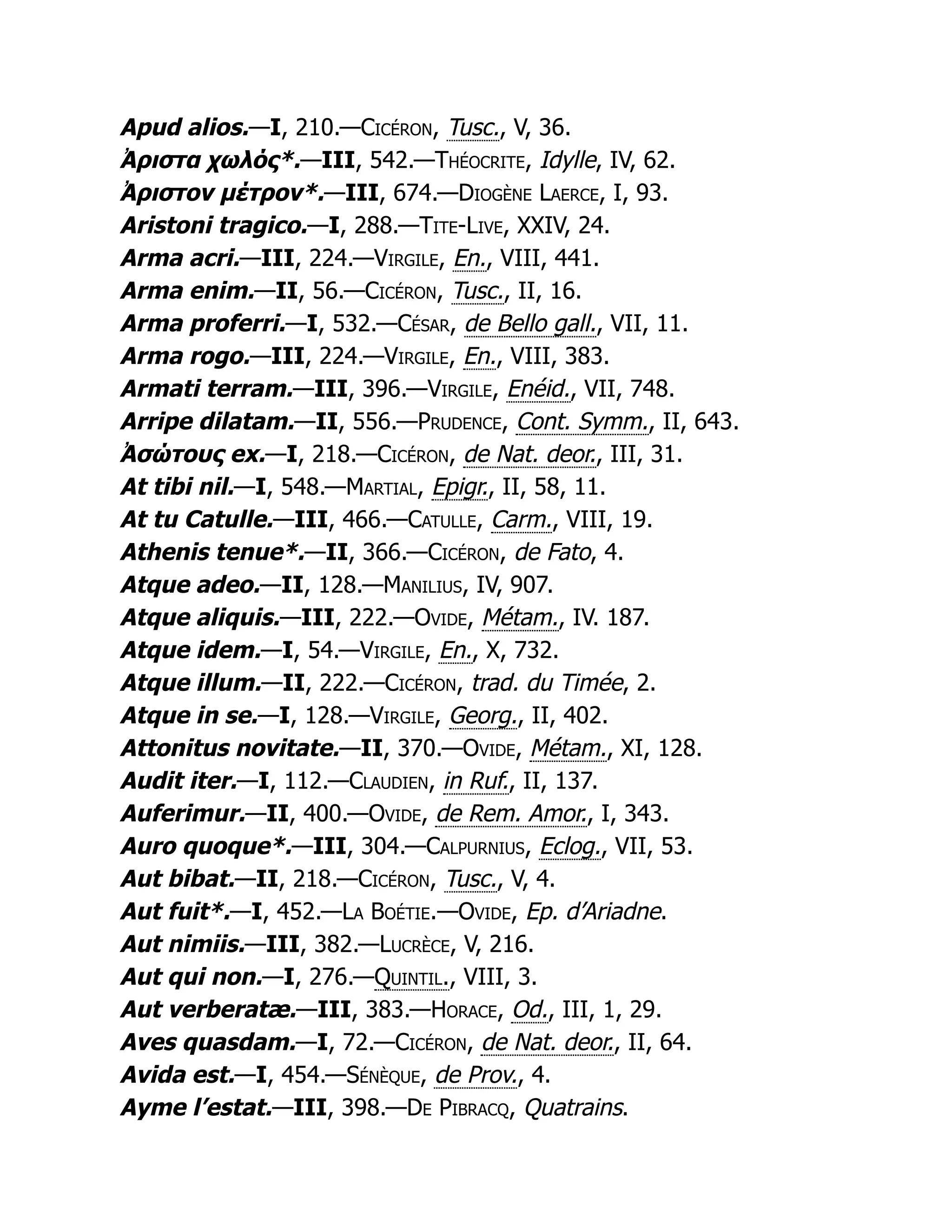 Apud alios.—I, 210.—Cicéron, Tusc., V, 36.
Ἀριστα χωλός*.—III, 542.—Théocrite, Idylle, IV, 62.
Ἀριστον μέτρον*.—III, 674.—Diogène Laerce, I, 93.
Aristoni tragico.—I, 288.—Tite-Live, XXIV, 24.
Arma acri.—III, 224.—Virgile, En., VIII, 441.
Arma enim.—II, 56.—Cicéron, Tusc., II, 16.
Arma proferri.—I, 532.—César, de Bello gall., VII, 11.
Arma rogo.—III, 224.—Virgile, En., VIII, 383.
Armati terram.—III, 396.—Virgile, Enéid., VII, 748.
Arripe dilatam.—II, 556.—Prudence, Cont. Symm., II, 643.
Ἀσώτους ex.—I, 218.—Cicéron, de Nat. deor., III, 31.
At tibi nil.—I, 548.—Martial, Epigr., II, 58, 11.
At tu Catulle.—III, 466.—Catulle, Carm., VIII, 19.
Athenis tenue*.—II, 366.—Cicéron, de Fato, 4.
Atque adeo.—II, 128.—Manilius, IV, 907.
Atque aliquis.—III, 222.—Ovide, Métam., IV. 187.
Atque idem.—I, 54.—Virgile, En., X, 732.
Atque illum.—II, 222.—Cicéron, trad. du Timée, 2.
Atque in se.—I, 128.—Virgile, Georg., II, 402.
Attonitus novitate.—II, 370.—Ovide, Métam., XI, 128.
Audit iter.—I, 112.—Claudien, in Ruf., II, 137.
Auferimur.—II, 400.—Ovide, de Rem. Amor., I, 343.
Auro quoque*.—III, 304.—Calpurnius, Eclog., VII, 53.
Aut bibat.—II, 218.—Cicéron, Tusc., V, 4.
Aut fuit*.—I, 452.—La Boétie.—Ovide, Ep. d’Ariadne.
Aut nimiis.—III, 382.—Lucrèce, V, 216.
Aut qui non.—I, 276.—Quintil., VIII, 3.
Aut verberatæ.—III, 383.—Horace, Od., III, 1, 29.
Aves quasdam.—I, 72.—Cicéron, de Nat. deor., II, 64.
Avida est.—I, 454.—Sénèque, de Prov., 4.
Ayme l’estat.—III, 398.—De Pibracq, Quatrains.
 