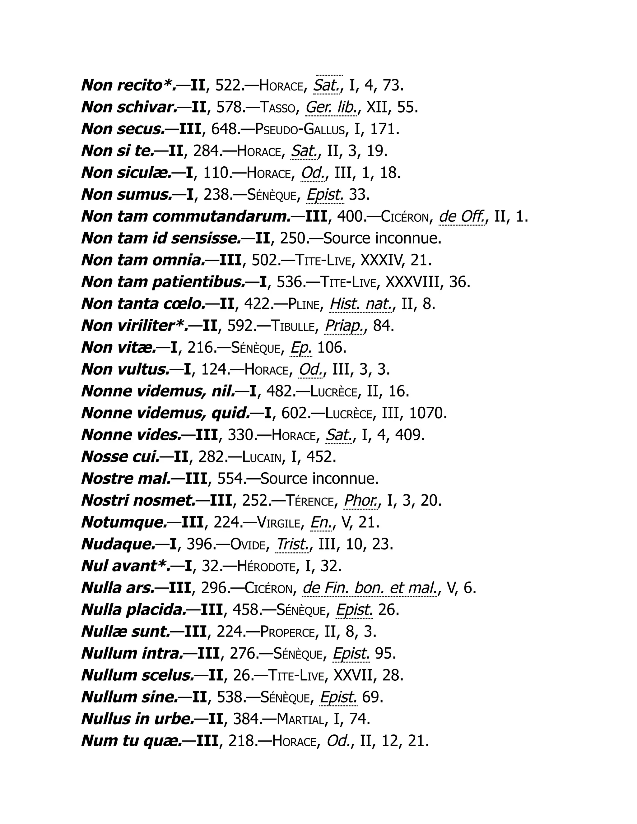 Non recito*.—II, 522.—Horace, Sat., I, 4, 73.
Non schivar.—II, 578.—Tasso, Ger. lib., XII, 55.
Non secus.—III, 648.—Pseudo-Gallus, I, 171.
Non si te.—II, 284.—Horace, Sat., II, 3, 19.
Non siculæ.—I, 110.—Horace, Od., III, 1, 18.
Non sumus.—I, 238.—Sénèque, Epist. 33.
Non tam commutandarum.—III, 400.—Cicéron, de Off., II, 1.
Non tam id sensisse.—II, 250.—Source inconnue.
Non tam omnia.—III, 502.—Tite-Live, XXXIV, 21.
Non tam patientibus.—I, 536.—Tite-Live, XXXVIII, 36.
Non tanta cœlo.—II, 422.—Pline, Hist. nat., II, 8.
Non viriliter*.—II, 592.—Tibulle, Priap., 84.
Non vitæ.—I, 216.—Sénèque, Ep. 106.
Non vultus.—I, 124.—Horace, Od., III, 3, 3.
Nonne videmus, nil.—I, 482.—Lucrèce, II, 16.
Nonne videmus, quid.—I, 602.—Lucrèce, III, 1070.
Nonne vides.—III, 330.—Horace, Sat., I, 4, 409.
Nosse cui.—II, 282.—Lucain, I, 452.
Nostre mal.—III, 554.—Source inconnue.
Nostri nosmet.—III, 252.—Térence, Phor., I, 3, 20.
Notumque.—III, 224.—Virgile, En., V, 21.
Nudaque.—I, 396.—Ovide, Trist., III, 10, 23.
Nul avant*.—I, 32.—Hérodote, I, 32.
Nulla ars.—III, 296.—Cicéron, de Fin. bon. et mal., V, 6.
Nulla placida.—III, 458.—Sénèque, Epist. 26.
Nullæ sunt.—III, 224.—Properce, II, 8, 3.
Nullum intra.—III, 276.—Sénèque, Epist. 95.
Nullum scelus.—II, 26.—Tite-Live, XXVII, 28.
Nullum sine.—II, 538.—Sénèque, Epist. 69.
Nullus in urbe.—II, 384.—Martial, I, 74.
Num tu quæ.—III, 218.—Horace, Od., II, 12, 21.
 