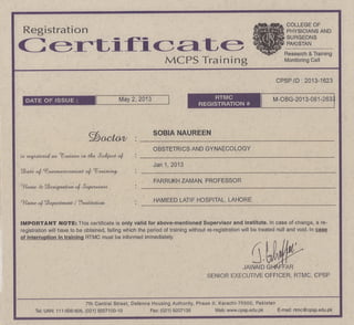 Sobia Naureen MCPS Training Certificate 