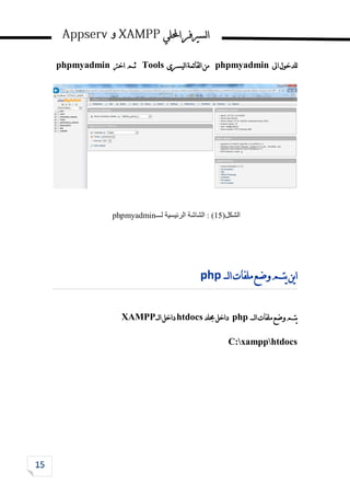 ‫احمللي‬‫لسريفر‬‫ا‬
‫و‬
‫اىل‬‫للدخول‬
phpmyadmin
‫ليسرى‬‫ا‬‫ئمة‬‫ا‬‫لق‬‫ا‬‫من‬
Tools
‫اخرت‬ ‫ثم‬
phpmyadmin
‫الشكل‬
(
15
)
‫الشاشة‬ :
‫الرئيس‬
‫ي‬
‫ة‬
‫لـــ‬
phpmyadmin
‫لـــ‬‫ا‬‫ملفات‬‫وضع‬‫يتم‬‫ين‬‫ا‬
php
‫لــــ‬‫ا‬‫ملفات‬‫وضع‬‫يتم‬
php
‫جملد‬‫داخل‬
htdocs
‫لـــ‬‫ا‬‫داخل‬
XAMPP
C:xampphtdocs
 