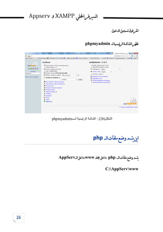 ‫احمللي‬‫لسريفر‬‫ا‬
‫و‬
‫لدخول‬‫ا‬‫تسجيل‬‫فوق‬‫نقر‬‫ا‬
‫لـــ‬‫ئيسية‬‫ر‬‫ل‬‫ا‬‫لشاشة‬‫ا‬‫تظهر‬
phpmyadmin
‫الشكل‬
(
28
)
‫الشاشة‬ :
‫الرئيسية‬
‫لــــ‬
phpmyadmin
‫لـــ‬‫ا‬‫ملفات‬‫وضع‬‫يتم‬‫ين‬‫ا‬
php
‫لــــ‬‫ا‬‫ملفات‬‫وضع‬‫يتم‬
php
‫جملد‬‫داخل‬
www
‫لـــ‬‫ا‬‫داخل‬
AppServ
C:AppServwww
 