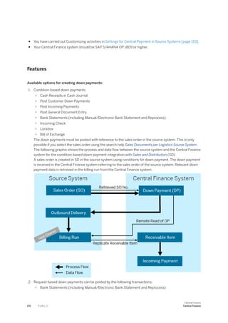 ● You have carried out Customizing activities in Settings for Central Payment in Source Systems [page 153].
● Your Central Finance system should be SAP S/4HANA OP 1809 or higher.
Features
Available options for creating down payments:
1. Condition-based down payments
○ Cash Receipts in Cash Journal
○ Post Customer Down Payments
○ Post Incoming Payments
○ Post General Document Entry
○ Bank Statements (including Manual/Electronic Bank Statement and Reprocess)
○ Incoming Check
○ Lockbox
○ Bill of Exchange
The down payments must be posted with reference to the sales order in the source system. This is only
possible if you select the sales order using the search help Sales Documents per Logistics Source System.
The following graphic shows the process and data flow between the source system and the Central Finance
system for the condition-based down payment integration with Sales and Distribution (SD).
A sales order is created in SD in the source system using conditions for down payment. The down payment
is received in the Central Finance system referring to the sales order of the source system. Relevant down
payment data is retrieved in the billing run from the Central Finance system:
2. Request-based down payments can be posted by the following transactions:
○ Bank Statements (including Manual/Electronic Bank Statement and Reprocess)
172 P U B L I C
Central Finance
Central Finance
 