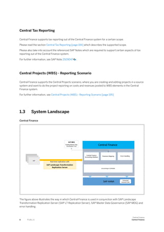 Central Tax Reporting
Central Finance supports tax reporting out of the Central Finance system for a certain scope.
Please read the section Central Tax Reporting [page 184] which describes the supported scope.
Please also take into account the referenced SAP Notes which are required to support certain aspects of tax
reporting out of the Central Finance system.
For further information, see SAP Note 2509047 .
Central Projects (WBS) - Reporting Scenario
Central Finance supports the Central Projects scenario, where you are creating and editing projects in a source
system and want to do the project reporting on costs and revenues posted to WBS elements in the Central
Finance system.
For further information, see Central Projects (WBS) - Reporting Scenario [page 195]
1.3 System Landscape
Central Finance
The figure above illustrates the way in which Central Finance is used in conjunction with SAP Landscape
Transformation Replication Server (SAP LT Replication Server), SAP Master Data Governance (SAP MDG) and
error handling.
8 P U B L I C
Central Finance
Central Finance
 