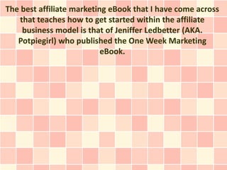 The best affiliate marketing eBook that I have come across
    that teaches how to get started within the affiliate
     business model is that of Jeniffer Ledbetter (AKA.
   Potpiegirl) who published the One Week Marketing
                           eBook.
 
