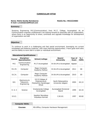 CURRICULAM VITAE
Name: Mokle Sandip Ramdasrao Mobile No.: 9922224083
E-mail: s.mokle@rediffmail.com
Summary:
Studying Engineering M.E.(Communication) from M.I.T. College, Aurangabad. As an
Communication engineer professional I am looking forward to associate with an organization,
where there is an opportunity to share, contribute and upgrade knowledge for development
of organization and self.
Objective:
To continue to work in a challenging and fast paced environment, leveraging my current
knowledge and fostering creativity, with many learning opportunities. I have good work ethic
and the ability to work well in a team or individual environment.
Course
Discipline/
Specialization
School/college
Board/
University
Year of
Exam
% /
CGPA
M.E.
Communication
Engineering
M.I.T.Aurangabad Dr.B.A.M.U.Aurangabad Appear ……..
M.C.M. Computer
Magic Computer
Academy Paithan
Dr.B.A.M.U.Aurangabad 2011 68
D.C.A. Computer
Magic Computer
Academy Paithan
Dr.B.A.M.U.Aurangabad 2010 69
B.E.
Electronics &
Telecomm.
Engineering
S.E.S College of
Engineering &
Polytechnic Navalnagar
Dhule
North Maharashtra
University Jalgaon
2004 64.14
H. S. C Science
Vivekananda College
Aurangabad
Aurangabad Divisional
Board
1999 64.33
S.S.C.
Jawahar Navodaya
Vidyalaya Kannad
C.B.S.E. 1997 60.60
Computer Skills:
Courses: MS-Office, Computer Hardware Management
Educational Qualifications:
 