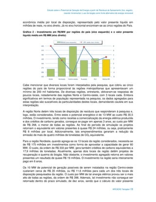 Estudo sobre o Potencial de Geração de Energia a partir de Resíduos de Saneamento (lixo, esgoto),
                                       visando incrementar o uso de biogás como fonte alternativa de energia renovável



econômica média por local de disposição, representado pelo valor presente líquido em
milhões de reais, no eixo direito. Já no eixo horizontal encontram-se as cinco regiões do País.

Gráfico 2 - Investimento em R$/MW por regiões do país (eixo esquerdo) e o valor presente
líquido médio em R$ MM (eixo direito)




Cabe mencionar que diversos locais foram interpelados pela pesquisa, que cobriu as cinco
regiões do país de forma proporcional às regiões metropolitanas que apresentavam um
mínimo de 200 mil habitantes. De diversas regiões, entretanto, obtiveram-se respostas de
poucos locais, notadamente das regiões Norte e Centro-oeste, com 3 locais cada. Embora
significativos em termos de população representada na pesquisa, os dados agregados para
estas regiões são suscetíveis às particularidades destes locais, demandando cautela em sua
interpretação.

A região Norte detém três locais de disposição de resíduos que responderam à pesquisa e,
logo, estão considerados. Entre estes o potencial energético é de 13 MW ao custo R$ 30,5
milhões. O investimento, tendo como receitas a comercialização da energia elétrica produzida
e dos créditos de carbono gerados, consegue se pagar em apenas 3 anos, ao custo por MW
de R$ 268, o menor de todas as regiões. Ao final do período de simulação os projetos
retornam o equivalente em valores presentes à quase R$ 24 milhões, ou seja, praticamente
R$ 8 milhões por local. Adicionalmente, tais empreendimentos gerariam a redução da
emissão de mais de quatro milhões de toneladas de CO2 equivalente.

Para a região Nordeste, quando agrega-se os 13 locais da região considerados, necessita-se
de R$ 175 milhões em investimentos como forma de aproveitar a capacidade de gerar 60
MW. O custo, da ordem de R$ 333 por MW, gera também créditos de carbono equivalentes a
17,9 milhões de toneladas. Atualmente, apenas dois locais da região detêm projetos de
recuperação e queima do biogás. Não obstante, o investimento agregado retorna em valores
presentes um resultado de quase R$ 19 milhões. O investimento na região seria inteiramente
pago em 6 anos.

Os 10 MW de potencial de geração possíveis de serem instalados na região Centro-oeste
custariam cerca de R$ 35 milhões, ou R$ 11,6 milhões para cada um dos três locais de
disposição pesquisados da região. O custo por MW de tal energia elétrica provou ser o mais
alto de todas as regiões, da ordem de R$ 398. Ademais, tal investimento não consegue ser
retornado dentro do prazo simulado, de dez anos, sendo que o cálculo do valor presente


                                                                                              ARCADIS Tetraplan 18
 
