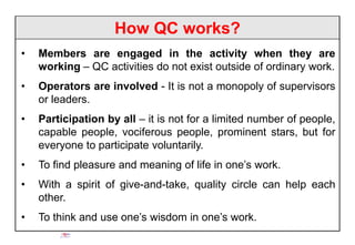 How QC works?
• Members are engaged in the activity when they are
working – QC activities do not exist outside of ordinary work.
• Operators are involved - It is not a monopoly of supervisors
or leaders.
• Participation by all – it is not for a limited number of people,
capable people, vociferous people, prominent stars, but for
everyone to participate voluntarily.
• To find pleasure and meaning of life in one’s work.
• With a spirit of give-and-take, quality circle can help each
other.
• To think and use one’s wisdom in one’s work.
 