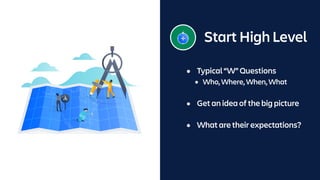 Start High Level
• Typical “W” Questions
• Who, Where, When, What
• Get an idea of the big picture
• What are their expectations?
 