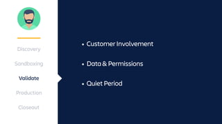 Discovery
Sandboxing
Validate
Production
Closeout
• CustomerInvolvement
• Data&Permissions
• QuietPeriod
 