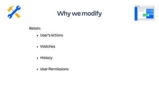 • User’sactions
• Watches
• History
• UserPermissions
Whywemodify
Retain:
 