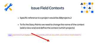 IssueFieldContexts
• Specificreferencetoaprojectwouldbe//@projects.2
• TofixtheStoryPointsweneedtochangethenameofthecontext
(addanewone)anddefinethecontext(whichprojects)
 