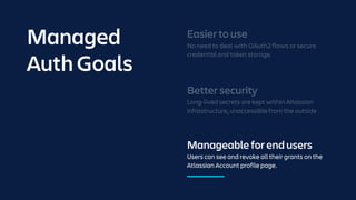 Better security
Long-lived secrets are kept within Atlassian
infrastructure, unaccessible from the outside
Manageable for end users
Users can see and revoke all their grants on the
Atlassian Account profile page.
Easier to use
No need to deal with OAuth2 flows or secure
credential and token storage.
Managed
Auth Goals
 