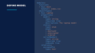 DEFINE MODEL
  modules:
    function:
    - key: main
      handler: index.run
    objectTypes:
    - key: Laptop
      properties:
        model:
          type: string
          required: true
          description: The laptop model
        status:
          type: enum
          enum:
          - deployed
          - unassigned
          - ordered
        serialNumber:
          type: string
          required: true
          indexed: true
      relations:
        assignedTo:
          type: User
 