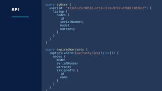 API
  query byUser {
    user(id: "12345:e5c90516-1fb2-11e9-9fb7-df60171038c6") {
      laptop {
        nodes {
          id
          serialNumber,
          model
          warranty
        }
      }
    }
  }
  query expiredWarranty {
    laptops(where:{warranty:{eq:false}}) {
      nodes {
        model
        serialNumber
        warranty
        assignedTo {
          id
          name
        }
      }
    }
 