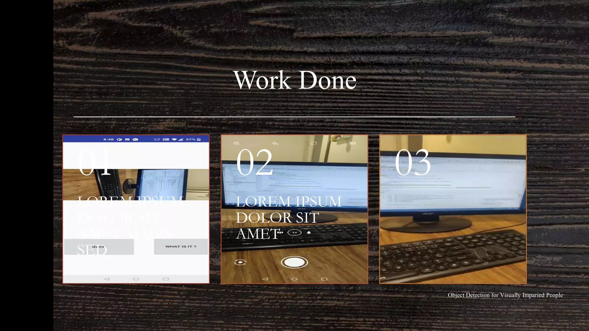 Work Done
LOREM IPSUM
DOLOR SIT
AMET MAGNA
SED
01
LOREM IPSUM
DOLOR SIT
AMET
02 03
Object Detection for Visually Imparied People
 