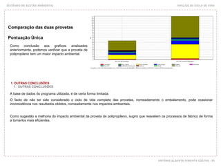 SISTEMAS DE GESTÃO AMBIENTAL ANÁLISE DO CICLO DE VIDA
ANTÓNIO ALBERTO PIMENTA CASTRO - 95
Como conclusão aos graficos analisados
anteriormente, podemos verificar que a proveta de
polipropileno tem um maior impacto ambiental.
Comparação das duas provetas
Pontuação Única
1. OUTRAS CONCLUSÕES
1. OUTRAS CONCLUSÕES
A base de dados do programa utilizada, é de certa forma limitada.
O facto de não ter sido considerado o ciclo de vida completo das provetas, nomeadamente o embalamento, pode ocasionar
inconsistência nos resultados obtidos, nomeadamente nos impactos ambientais.
Como sugestão a melhoria do impacto ambiental da proveta de polipropileno, sugiro que reavaliem os processos de fabrico de forma
a torna-los mais eficientes.
 