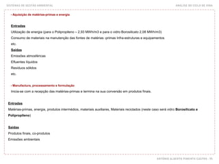 SISTEMAS DE GESTÃO AMBIENTAL ANÁLISE DO CICLO DE VIDA
ANTÓNIO ALBERTO PIMENTA CASTRO - 95
- Aquisição de matérias-primas e energia
Entradas
Utilização de energia (para o Polipropileno – 2,93 MWh/m3 e para o vidro Borosilicato 2,08 MWh/m3)
Consumo de materiais na manutenção das fontes de matérias -primas Infra-estruturas e equipamentos
etc.
Saídas
Emissões atmosféricas
Efluentes líquidos
Resíduos sólidos
etc.
- Manufactura, processamento e formulação
Inicia-se com a recepção das matérias-primas e termina na sua conversão em produtos finais.
Entradas
Matérias-primas, energia, produtos intermédios, materiais auxiliares, Materiais reciclados (neste caso será vidro Borosilicato e
Polipropileno)
Saídas
Produtos finais, co-produtos
Emissões ambientais
 