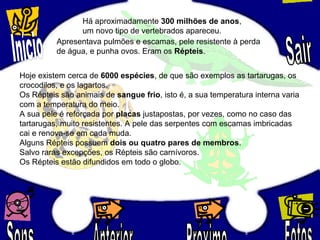 Hoje existem cerca de 6000 espécies, de que são exemplos as tartarugas, os
crocodilos, e os lagartos.
Os Répteis são animais de sangue frio, isto é, a sua temperatura interna varia
com a temperatura do meio.
A sua pele é reforçada por placas justapostas, por vezes, como no caso das
tartarugas, muito resistentes. A pele das serpentes com escamas imbricadas
cai e renova-se em cada muda.
Alguns Répteis possuem dois ou quatro pares de membros.
Salvo raras excepções, os Répteis são carnívoros.
Os Répteis estão difundidos em todo o globo.
Há aproximadamente 300 milhões de anos,
um novo tipo de vertebrados apareceu.
Apresentava pulmões e escamas, pele resistente à perda
de água, e punha ovos. Eram os Répteis.
 
