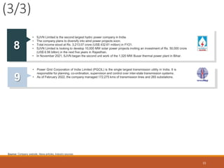 (3/3)
15
8
• SJVN Limited is the second largest hydro power company in India.
• The company plans to diversify into wind power projects soon.
• Total income stood at Rs. 3,213.07 crore (US$ 432.61 million) in FY21.
• SJVN Limited is looking to develop 10,000 MW solar power projects inviting an investment of Rs. 50,000 crore
(US$ 6.56 billon) in the next five years in Rajasthan.
• In November 2021, SJVN began the second unit work of the 1,320 MW Buxar thermal power plant in Bihar.
9
• Power Grid Corporation of India Limited (PGCIL) is the single largest transmission utility in India. It is
responsible for planning, co-ordination, supervision and control over inter-state transmission systems.
• As of February 2022, the company managed 172,275 kms of transmission lines and 265 substations.
Source: Company website, News articles, Industry sources
 