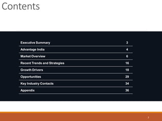 Executive Summary
Contents
2
3
Advantage India 4
Market Overview 6
Recent Trends and Strategies 16
Growth Drivers 18
Opportunities 29
Key Industry Contacts 34
Appendix 36
 