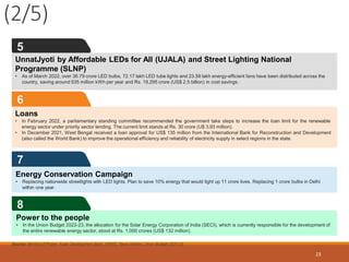 (2/5)
23
6
5
8
7
Energy Conservation Campaign
• Replacing nationwide streetlights with LED lights. Plan to save 10% energy that would light up 11 crore lives. Replacing 1 crore bulbs in Delhi
within one year.
Power to the people
• In the Union Budget 2022-23, the allocation for the Solar Energy Corporation of India (SECI), which is currently responsible for the development of
the entire renewable energy sector, stood at Rs. 1,000 crores (US$ 132 million).
Source: Ministry of Power, Asian Development Bank, KPMG, News Articles, Union Budget 2021-22
UnnatJyoti by Affordable LEDs for All (UJALA) and Street Lighting National
Programme (SLNP)
• As of March 2022, over 36.79 crore LED bulbs, 72.17 lakh LED tube lights and 23.59 lakh energy-efficient fans have been distributed across the
country, saving around 535 million kWh per year and Rs. 19,295 crore (US$ 2.5 billion) in cost savings.
Loans
• In February 2022, a parliamentary standing committee recommended the government take steps to increase the loan limit for the renewable
energy sector under priority sector lending. The current limit stands at Rs. 30 crore (U$ 3.93 million).
• In December 2021, West Bengal received a loan approval for US$ 135 million from the International Bank for Reconstruction and Development
(also called the World Bank) to improve the operational efficiency and reliability of electricity supply in select regions in the state.
 